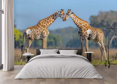 Two giraffes necking in a dominance display, their long necks intertwining in battle, [Savannah Wildlife], [Graceful Conflict]. Wall mural